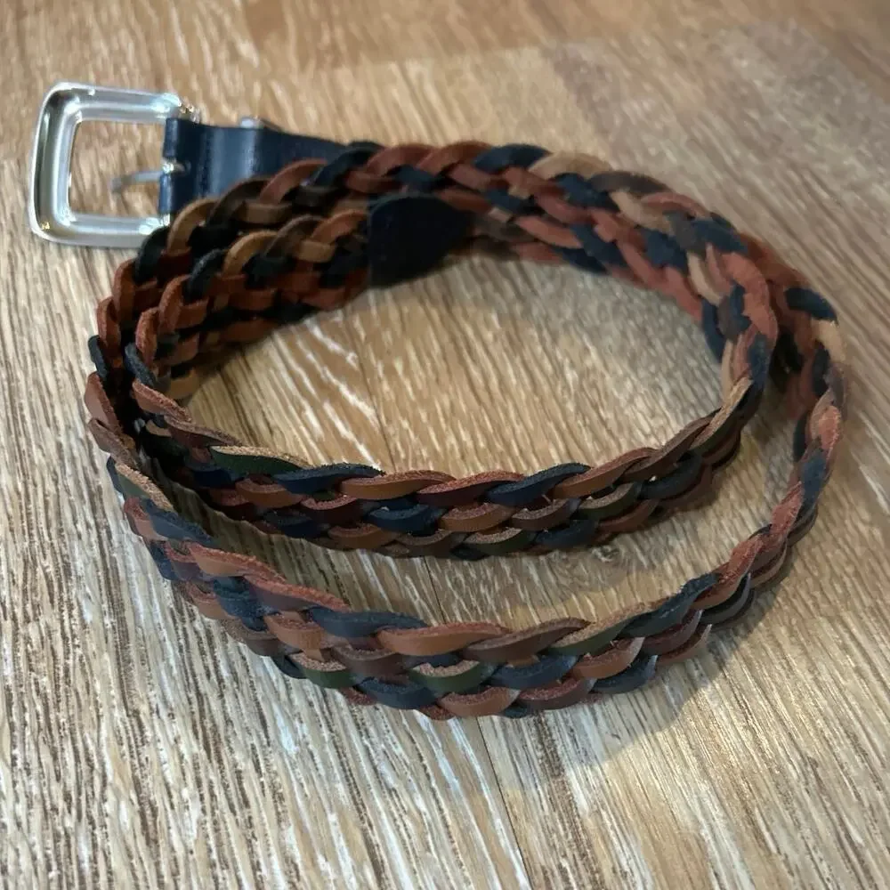 Vintage Braided Leather Belt Brown Blue Green Woven Boho Preppy Western 38
